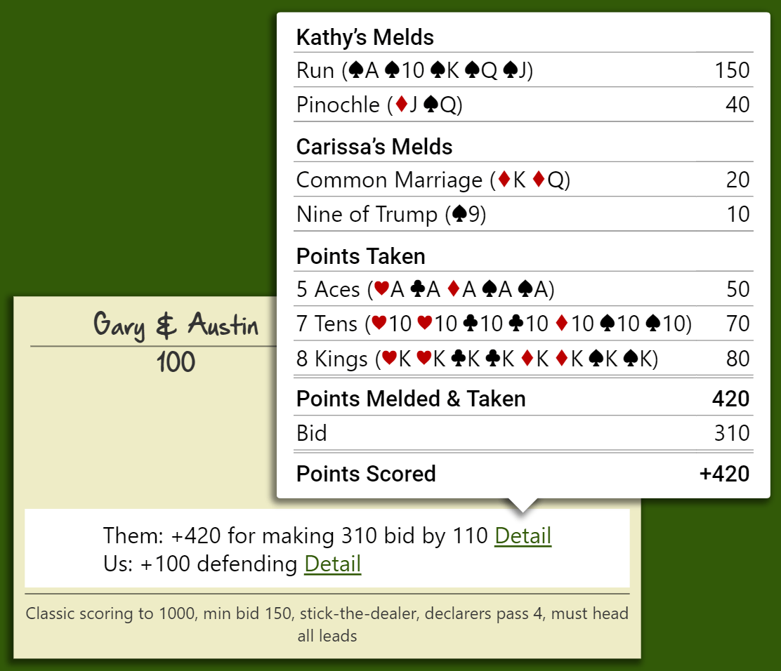 An end-of-hand scorecard showing the score details of the declaring team.